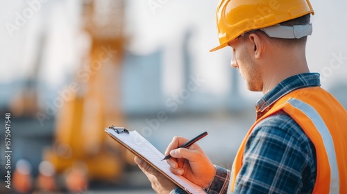 Engineer inspecting building checklist construction site urban environment