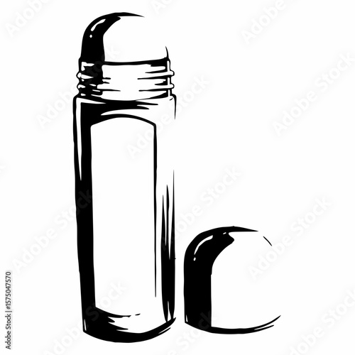 Thermos bottle with cap in simple black ink illustration  