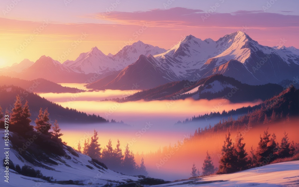 Majestic Sunrise over Snowy Mountain Peaks and Misty Valley Majestic Sunrise over Snowy Mountain Peaks and Misty Valley