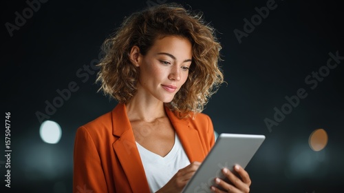 Female executive analyzing ai data at embassy nighttime professional setting