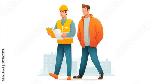 Embassy inspector and foreman reviewing site plans in urban environment