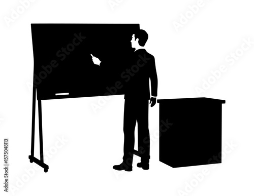 Male teacher presents lesson by chalkboard near box. Suitable for educational concepts, training materials, business presentations, and online courses.