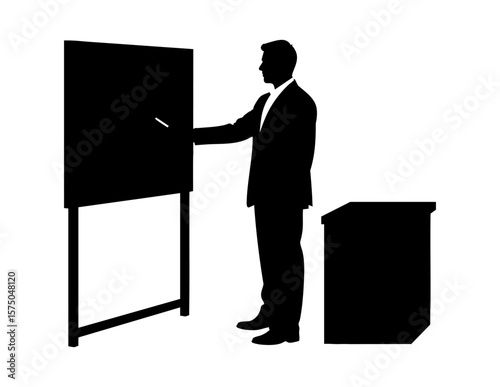 Suited man teaching lesson beside blackboard and cube. Educational presentations, training courses, professional development, online tutorials, business coaching websites.
