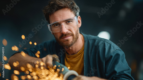 Man using angle grinder sparks flying workshop industrial setting