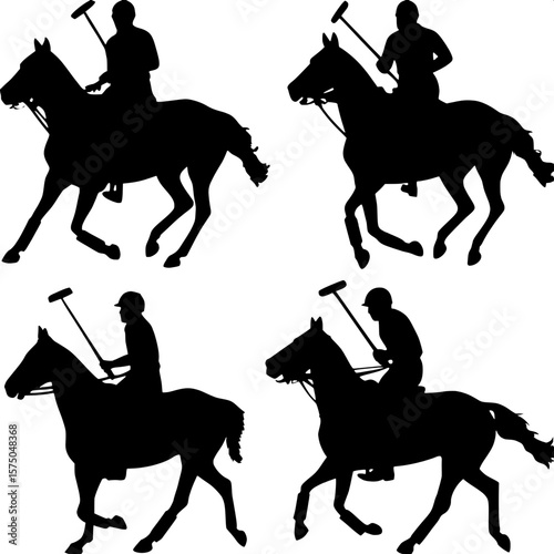 "Minimalist silhouette set of four horseback polo players, mallets in motion, horses galloping, black shapes on white, presented in a grid-like layout with even spacing, bold outlines only."

