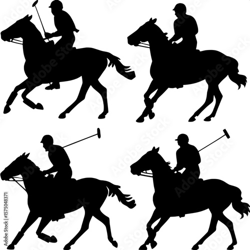 "Minimalist silhouette set of four horseback polo players, mallets in motion, horses galloping, black shapes on white, presented in a grid-like layout with even spacing, bold outlines only."

