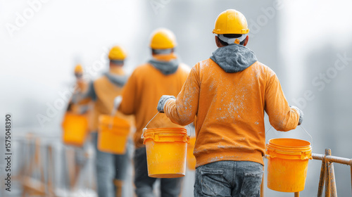 Construction workers transporting cement buckets on urban scaffold