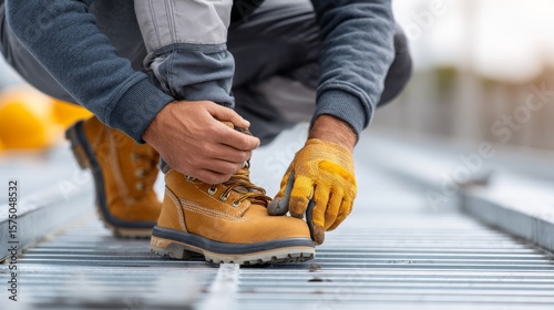 Construction worker crouching to secure steel floor support site photo
