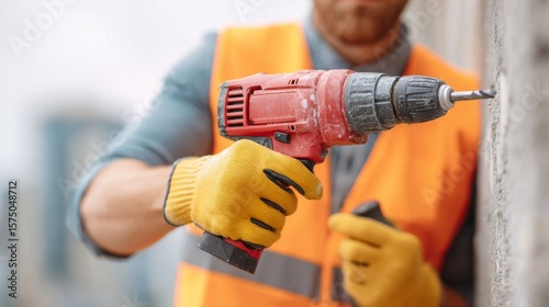 Embassy worker drilling wall urban construction action scene outdoor close-up