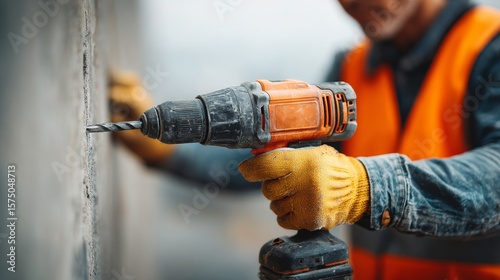 Embassy worker using rotary hammer drill on wall in urban environment
