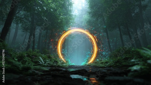 Glowing ai-inspired portal in enchanted forest fantasy artwork mystical scene