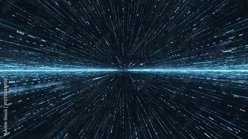 Abstract digital tunnel with glowing blue light streaks rushing toward a central vanishing point creating depth and futuristic motion