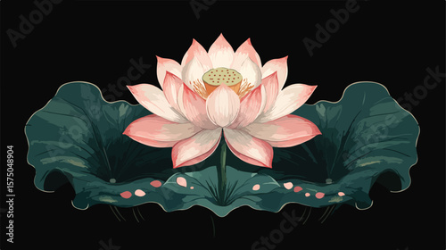 Detailed Realistic Lotus Flower with Leaves in High Resolution