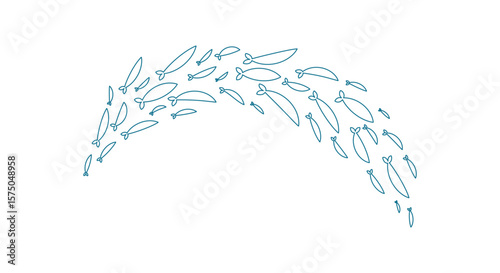 outline fish swim in a lively school. Group of marine creatures forms a charming silhouette. Undersea theme, flat doodle style, perfect for ocean projects.