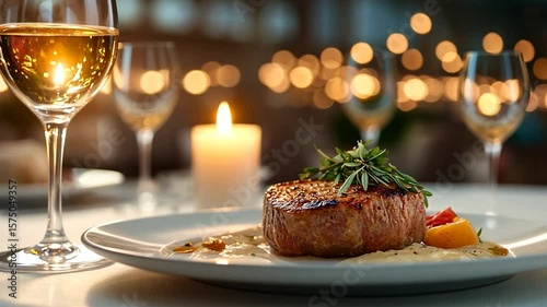 Close-up of a gourmet meal with steak and wine. A lit candle and blurry lights create a romantic ambiance, with a focus on the food presentation and setting