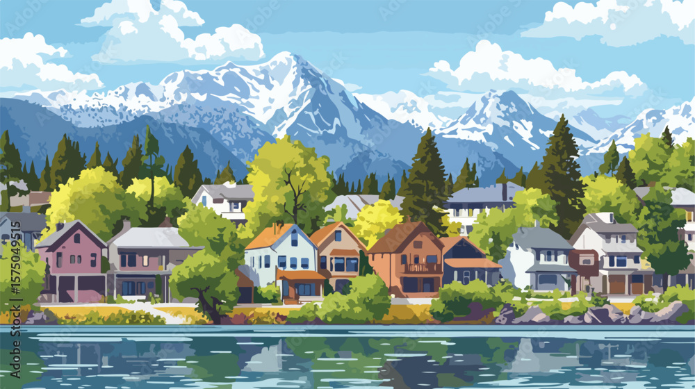 Obraz premium Scenic View of Houses with Mountains and River