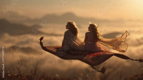 Two Women Flying on a Magical Carpet Over Misty Landscape at Sunset