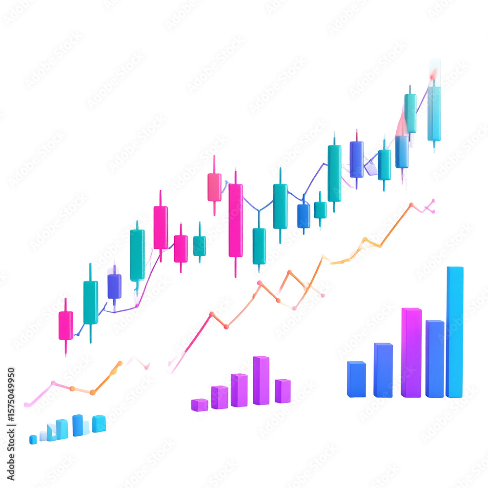 Financial growth is illustrated with colorful candlesticks and rising trend lines on display. Financial growth is illustrated with colorful candlesticks and rising trend lines on display.