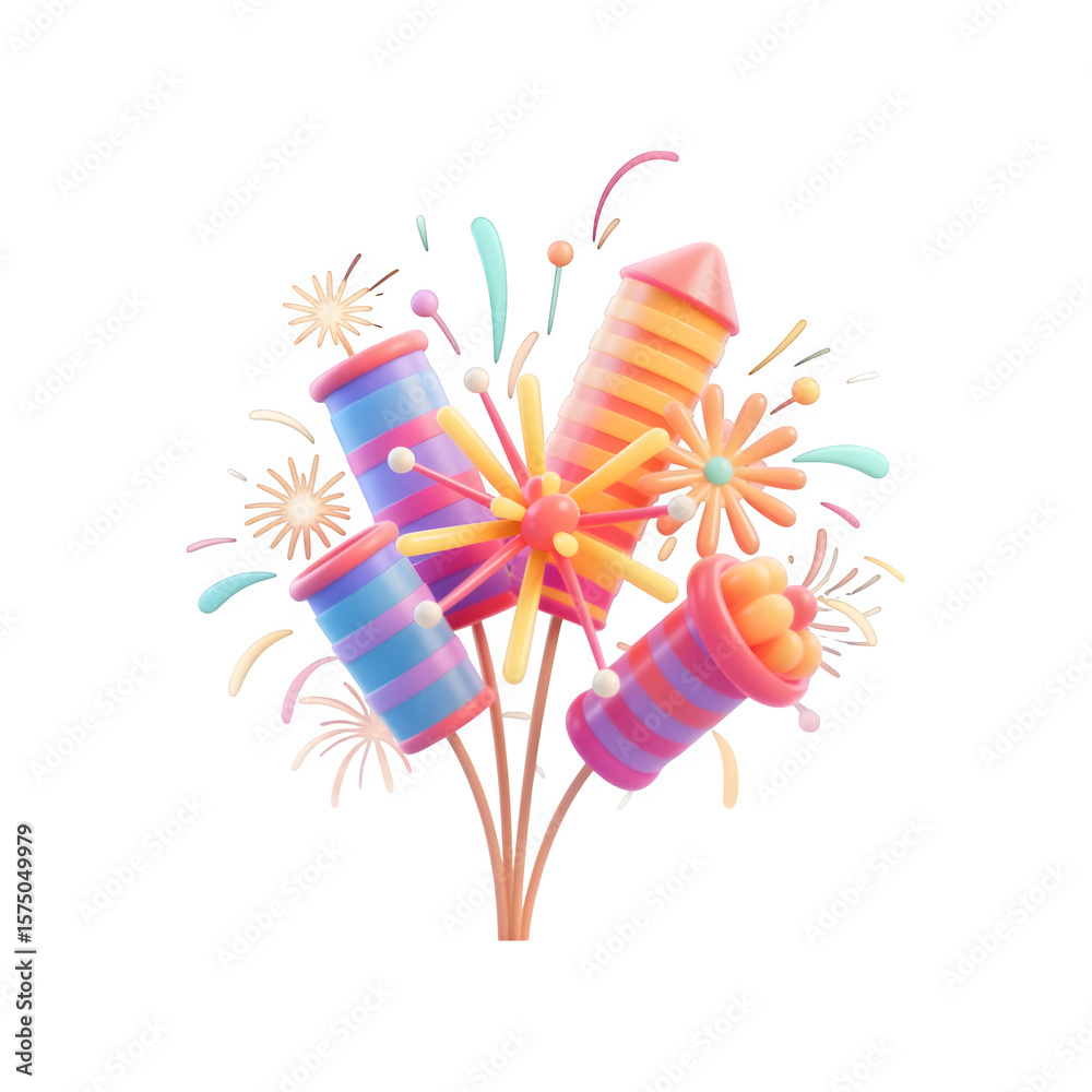 Obraz premium Colorful 3d rendered fireworks rockets bursting with sparks isolated on transparent background