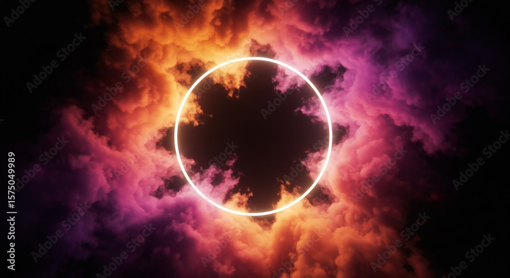 Obraz premium Vibrant clouds in purple and orange hues surround a glowing circular light against a dark backdrop, creating a mystical mood with vibrant colors.
