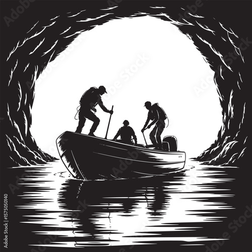 Three people on a boat near a cave entrance with a large moon in the background in black and white