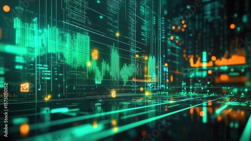 Abstract visualization of green financial data graphs and vertical lines forming a complex digital matrix with glowing grid overlays, symbolizing analytics and market activity. Generative by AI