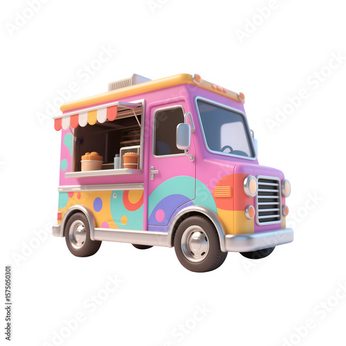 Cute pink food truck with colorful abstract design isolated on transparent background
