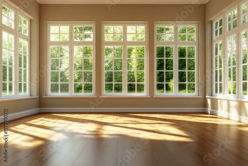  Bright spacious empty room with hardwood floors and large windows in house for sale