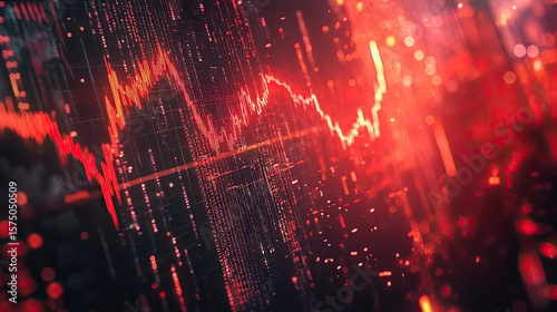 Red glowing chart depicting fluctuating financial market data across a digital interface with gridlines and rising-falling trends  conveying trading volatility. Generative by AI