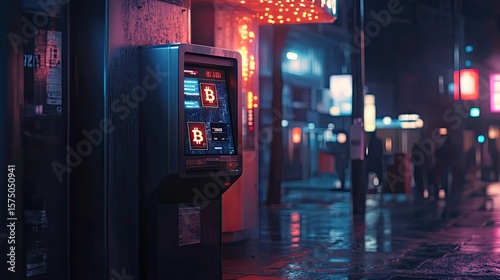 Bitcoin ATM machine illuminated in red-orange light stands on a wet street in an urban night scene with blurred neon signs and distant pedestrians. Generative by AI