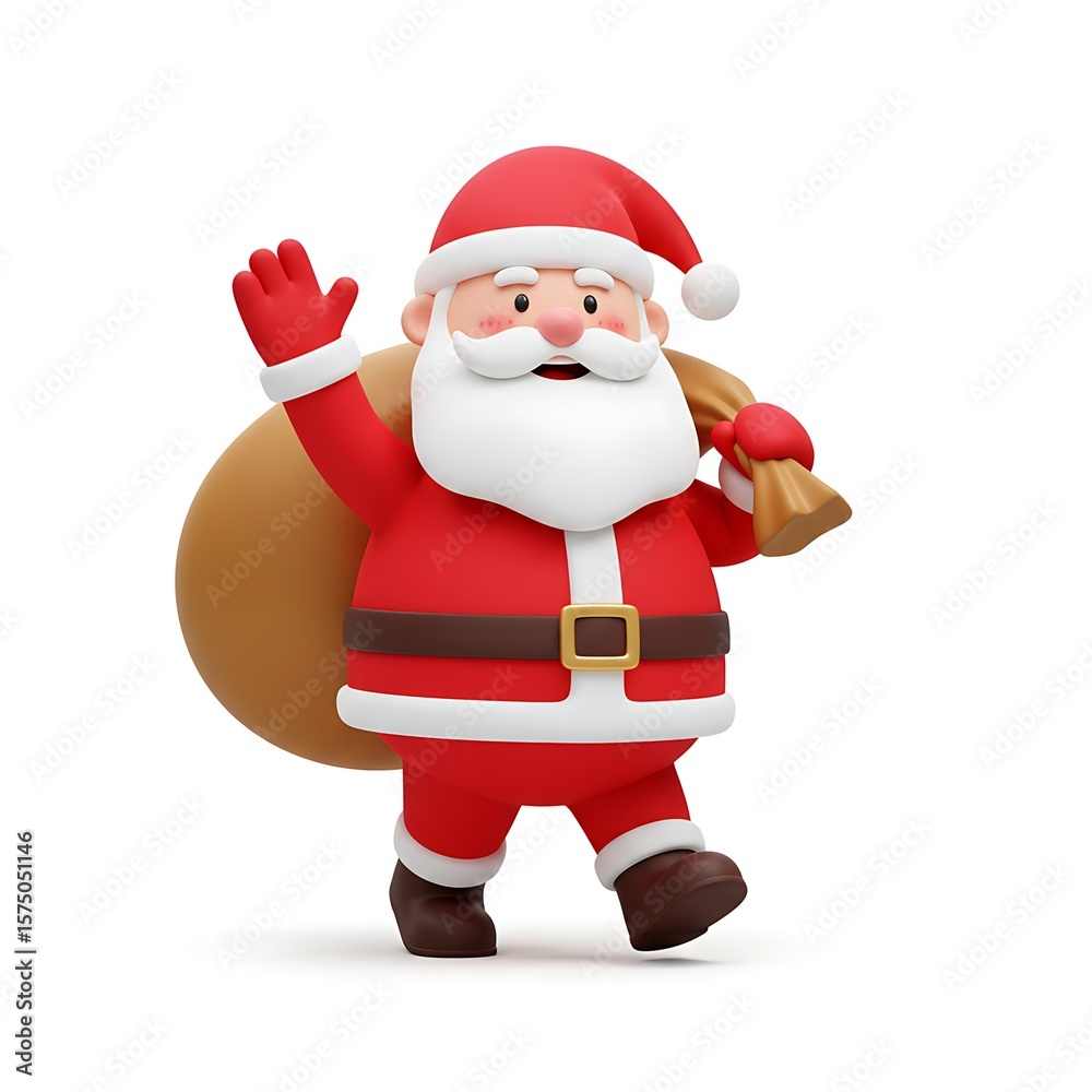 Obraz premium Santa Claus with a bag of gifts waving hello, spreading holiday cheer. Santa has a red suit, a white beard, and a jolly expression