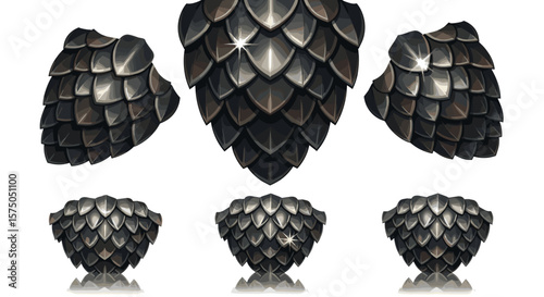 A collection of dragon scale armor pieces displayed on a white background in a symmetrical arrangement