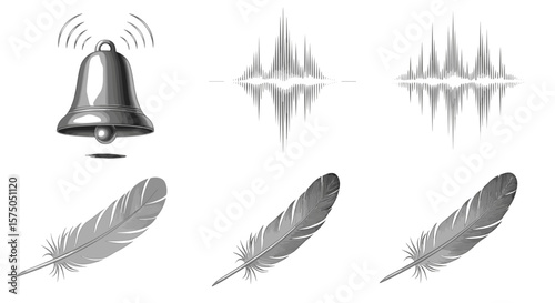 Illustration featuring a ringing bell, sound waves, and three feathers in a grayscale arrangement