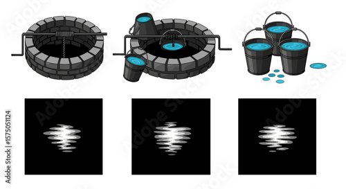 Illustrations of wells with water buckets and abstract light patterns on a black background