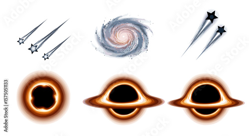 Illustration of celestial objects including meteors galaxy and black holes on a white background space art