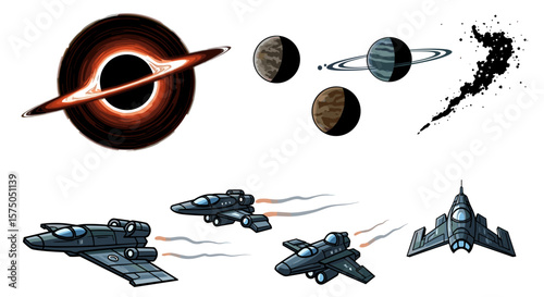 Illustration of a black hole with planets and spaceships in a cosmic scene with a white background