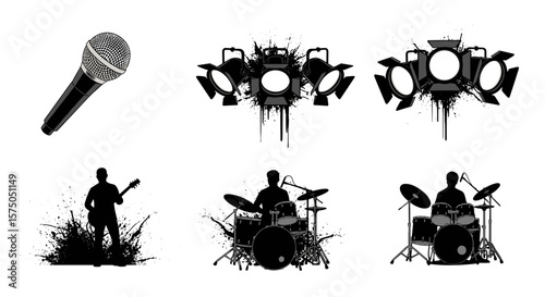 Illustration of microphone spotlights guitarist and drummers with grunge splatter effects in black and white