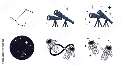Illustration showing constellations, telescopes, and astronauts floating in space with stars around them