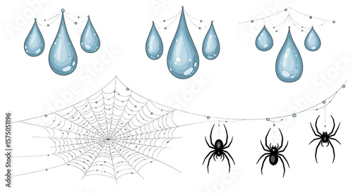 Illustration of three groups of water droplets above a spiderweb with three hanging spiders below it