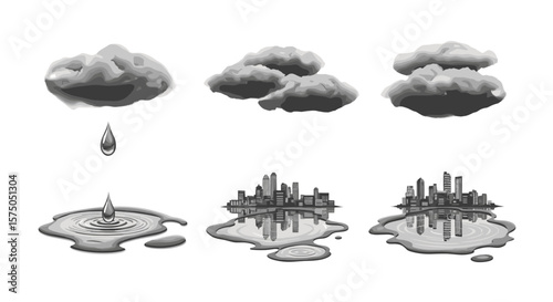 Illustration showing clouds raindrops puddles and cityscapes in a grayscale artistic representation style
