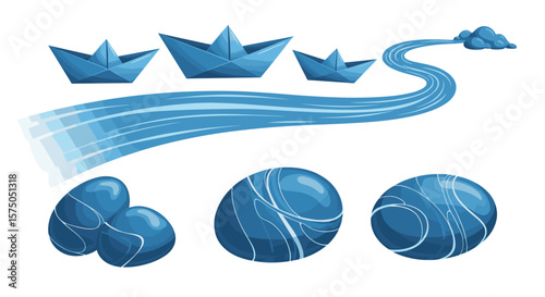 Paper boats and flowing water elements for marine, ocean, and nautical themes