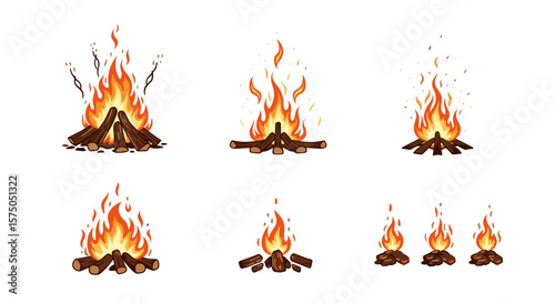 Campfire flames and burning wood icons set for camping, bonfire, and outdoor adventures
