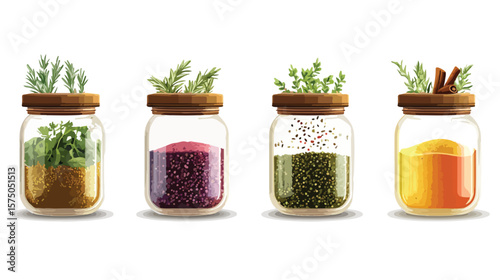 Herbs and Spices Jars Icon Set Isolated and Colored Picture
