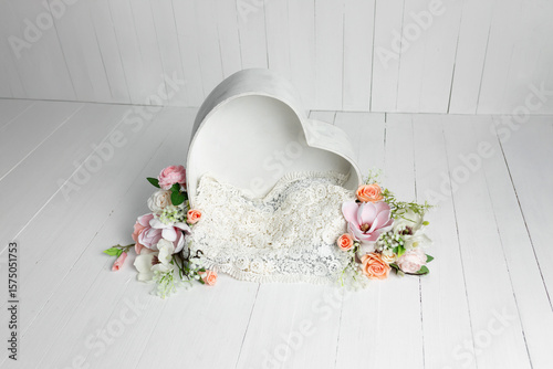 Newborn Photo Prop - Heart Shaped Bed with Floral Accents