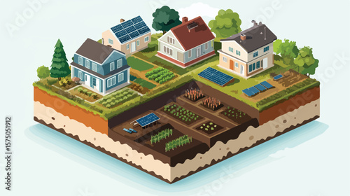 Isometric Block with Layers of Earth in Rural Scene