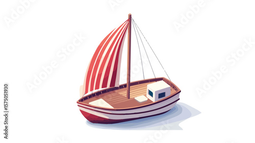 Isometric Boat with Red Striped Sail on Water Surface