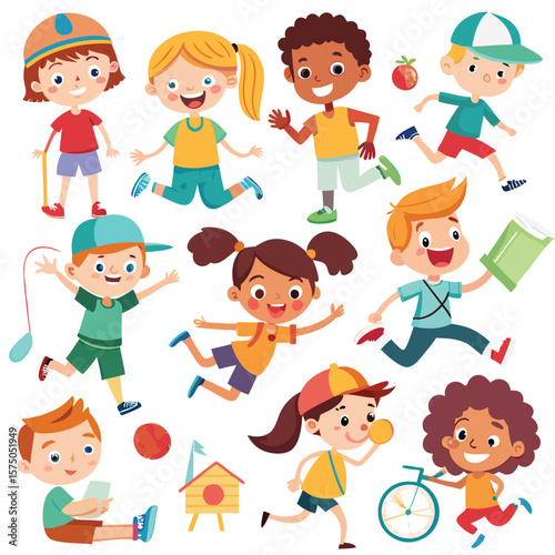 Diverse group of children engaged in various playful activities