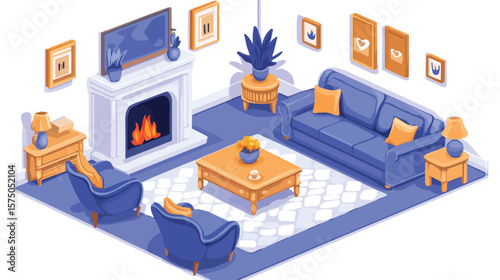Modern Isometric Cozy Living Room Setup with Sofas and Furniture