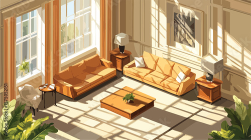 Modern Isometric Empty Living Room Layout with Windows