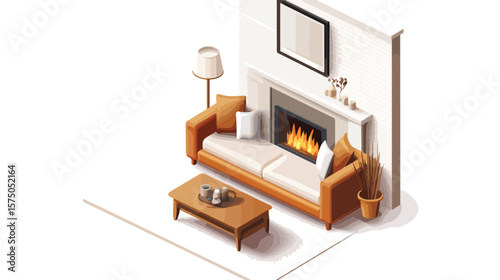 Modern Isometric Furniture Set with Fireplace, Sofa, and Pillows